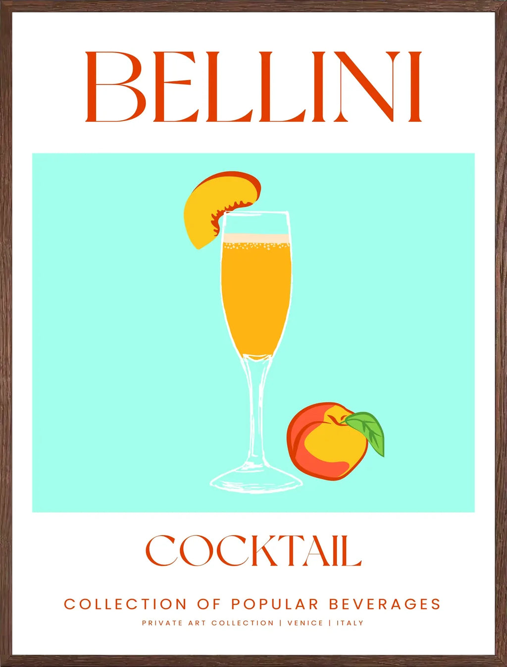 Cadre chene clair entourant l'affiche bellini peche et turquoise