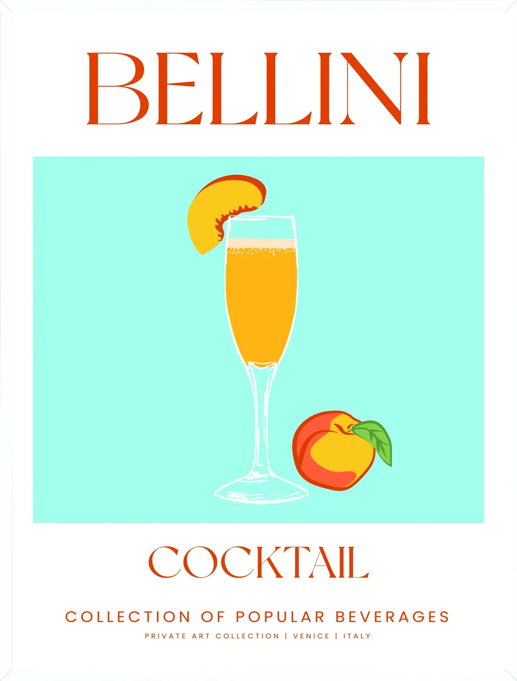Cadre blanc epure presentant l'affiche cocktail bellini turquoise
