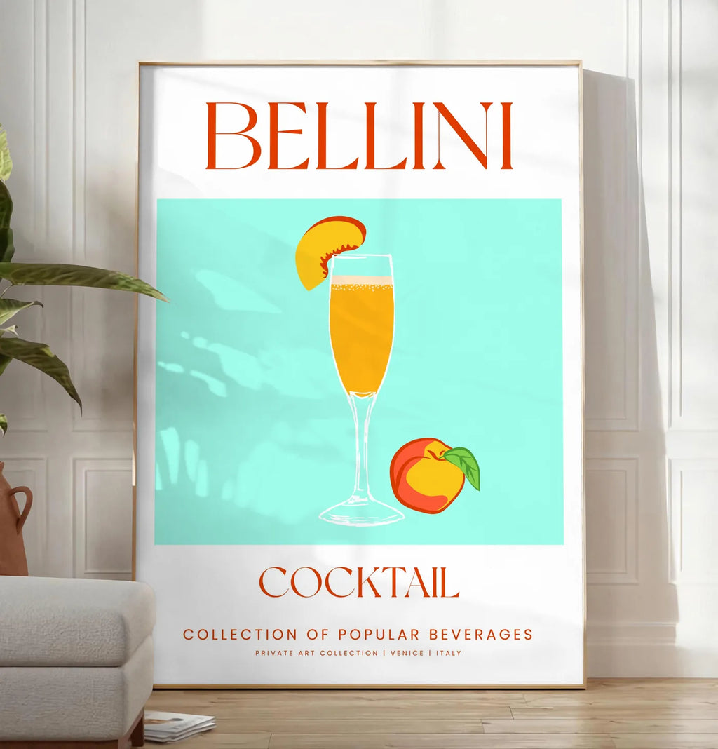 Reproduction affiche cocktail Bellini, posee au sol dans un salon minimaliste clair, a cote d'un canape beige et d'une plante verte, sur un parquet clair