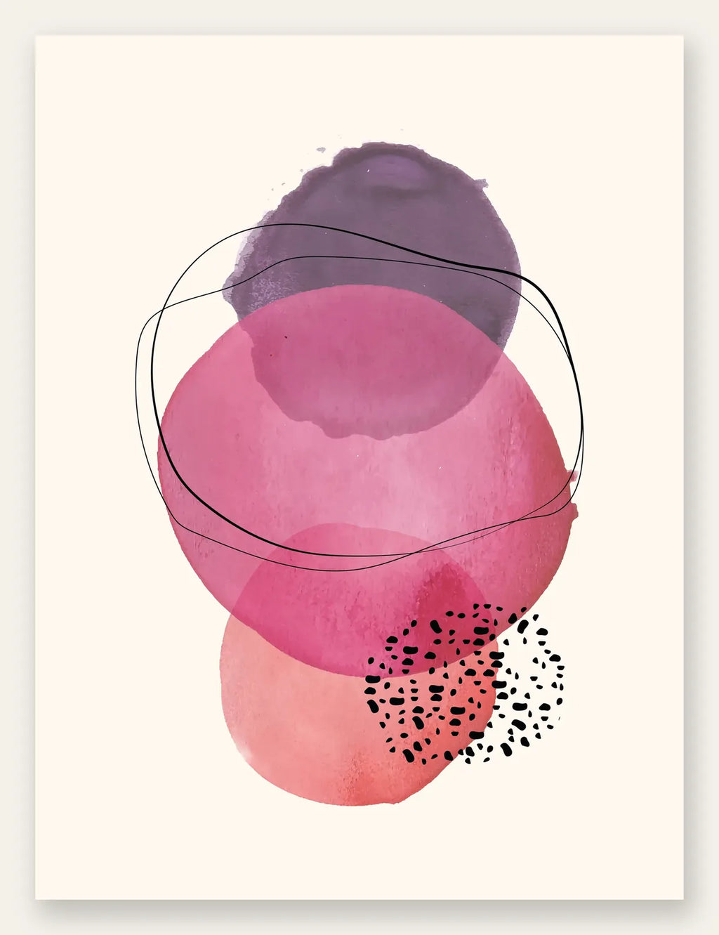 Cercles aquarelle roses magenta et violets superposes sur creme, affiche boho douce