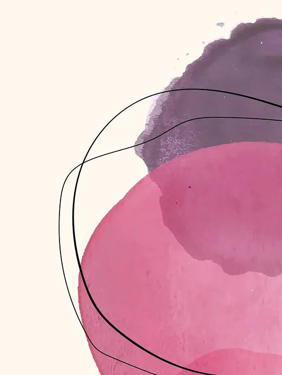 Gros plan sur les cercles a l'aquarelle rose et violet de l'affiche boho