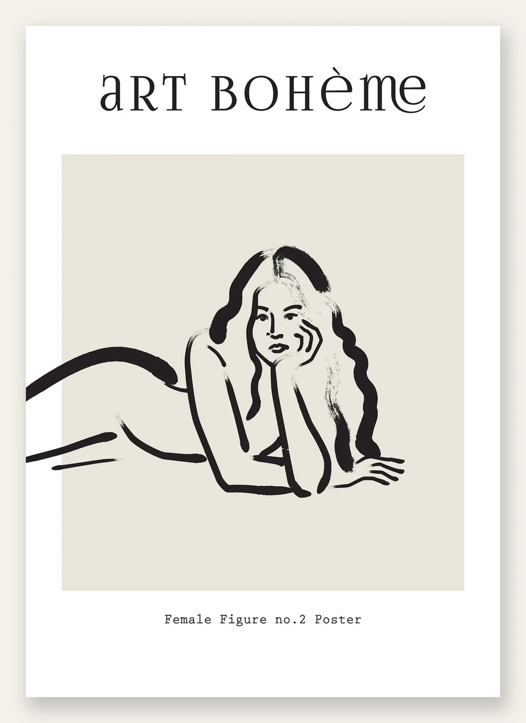 Femme allongee au trait de pinceau noir sur creme, affiche Art Boheme line art
