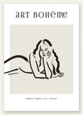 Femme allongee au trait de pinceau noir sur creme, affiche Art Boheme line art