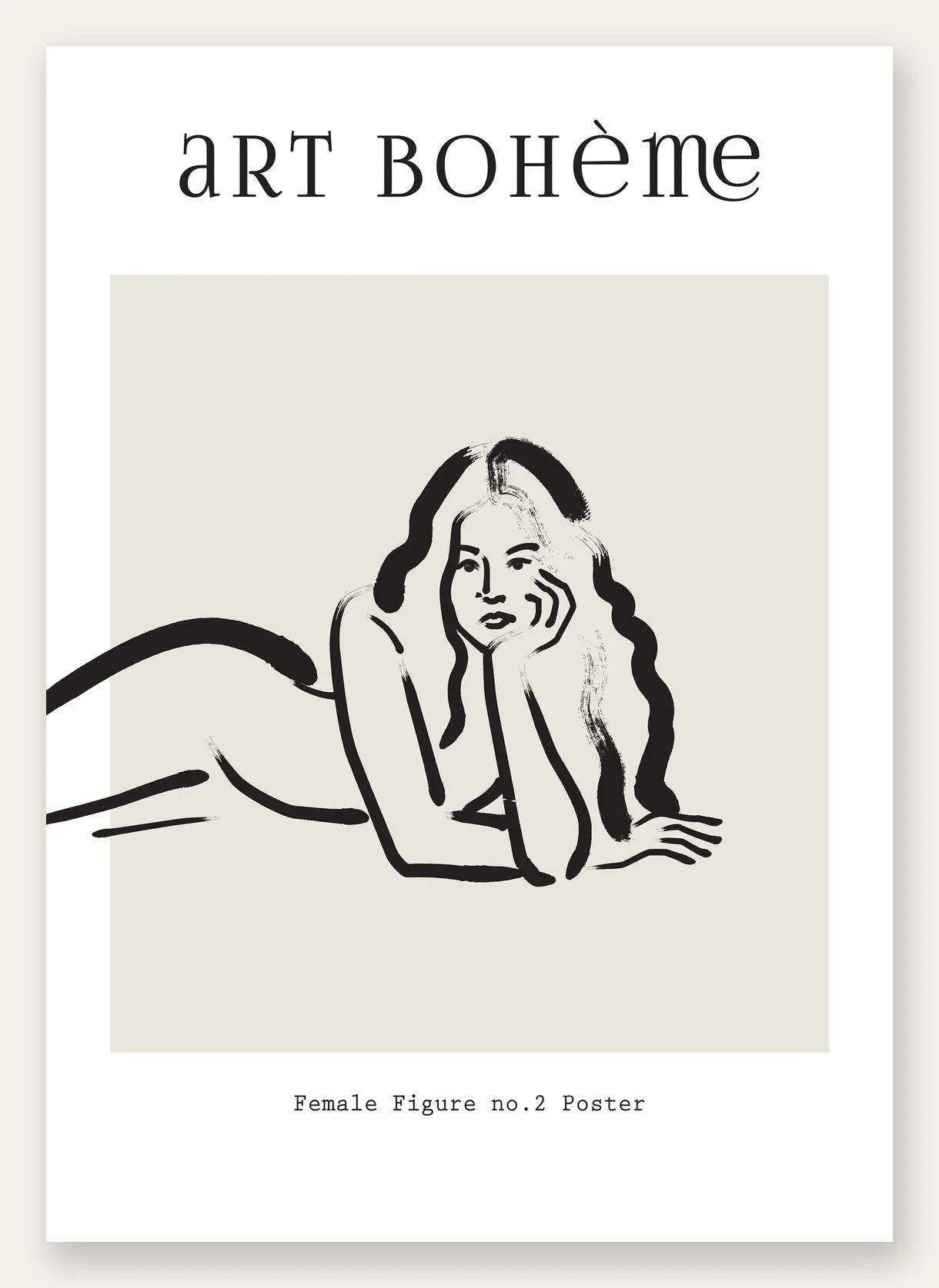 Femme allongee au trait de pinceau noir sur creme, affiche Art Boheme line art