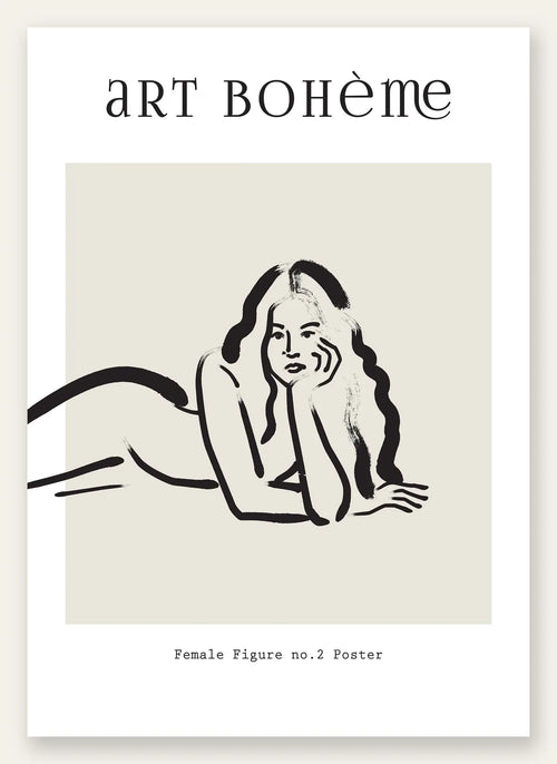 Femme allongee au trait de pinceau noir sur creme, affiche Art Boheme line art