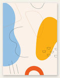 Formes organiques bleu et jaune avec traits fins sur fond creme, affiche boho abstraite