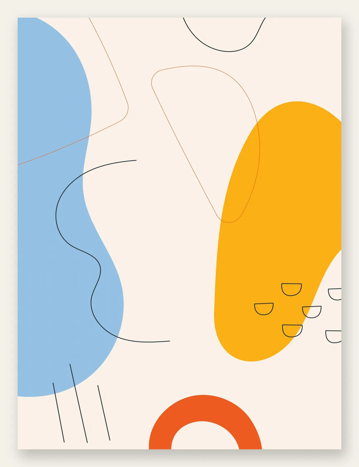Formes organiques bleu et jaune avec traits fins sur fond creme, affiche boho abstraite