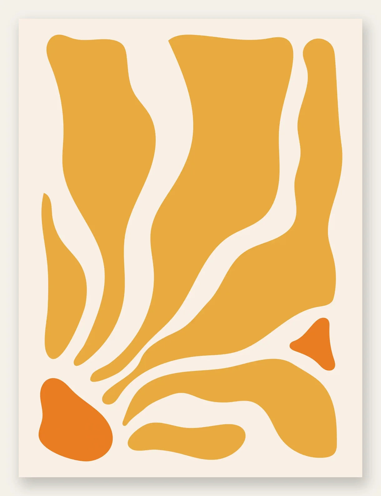 Formes organiques jaunes et orange ondulees sur fond creme, affiche boho abstraite