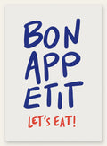 Affiche cuisine Bon Appetit, typographie bleue et Let's Eat rouge sur fond creme