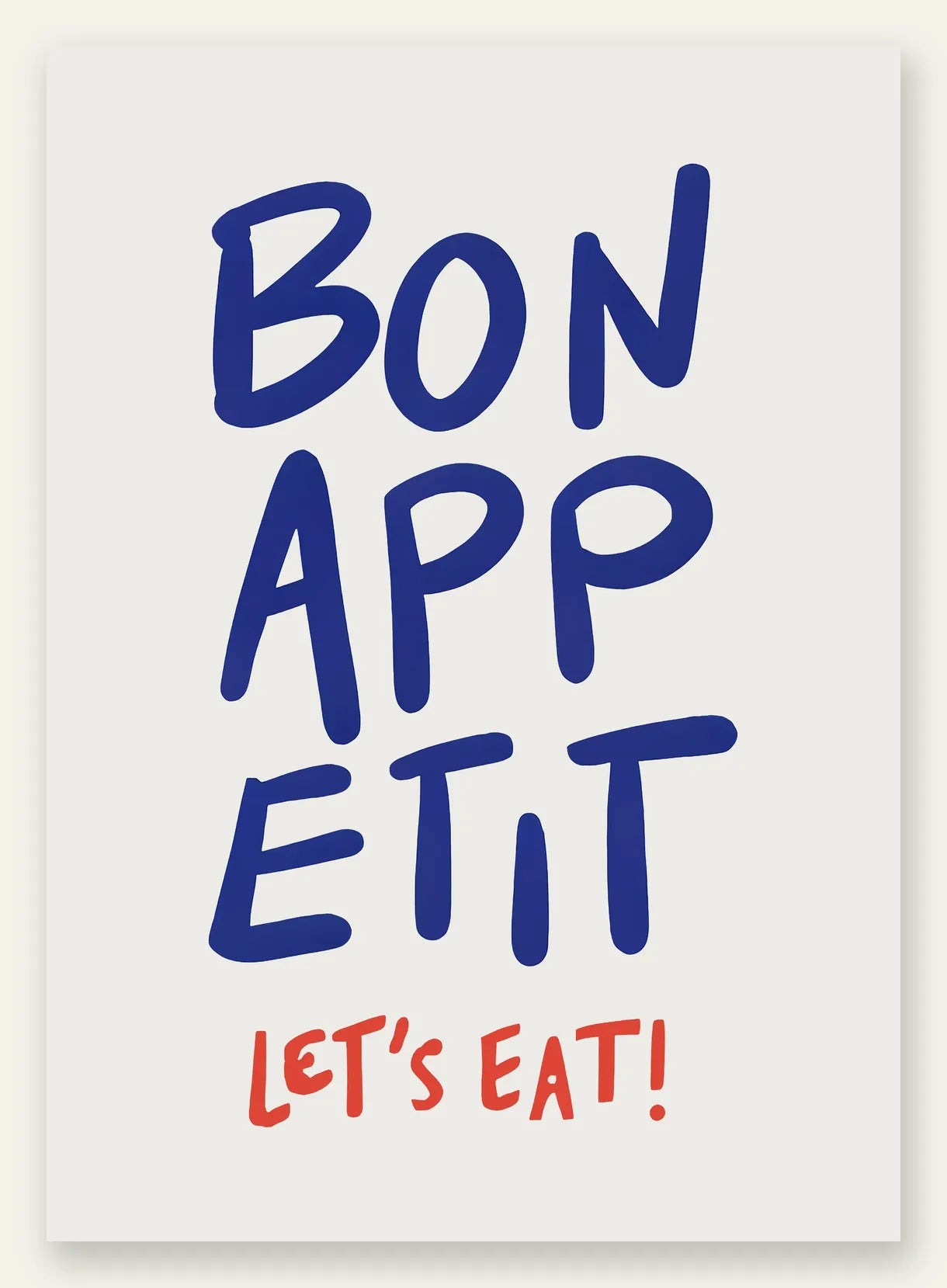 Affiche cuisine Bon Appetit, typographie bleue et Let's Eat rouge sur fond creme