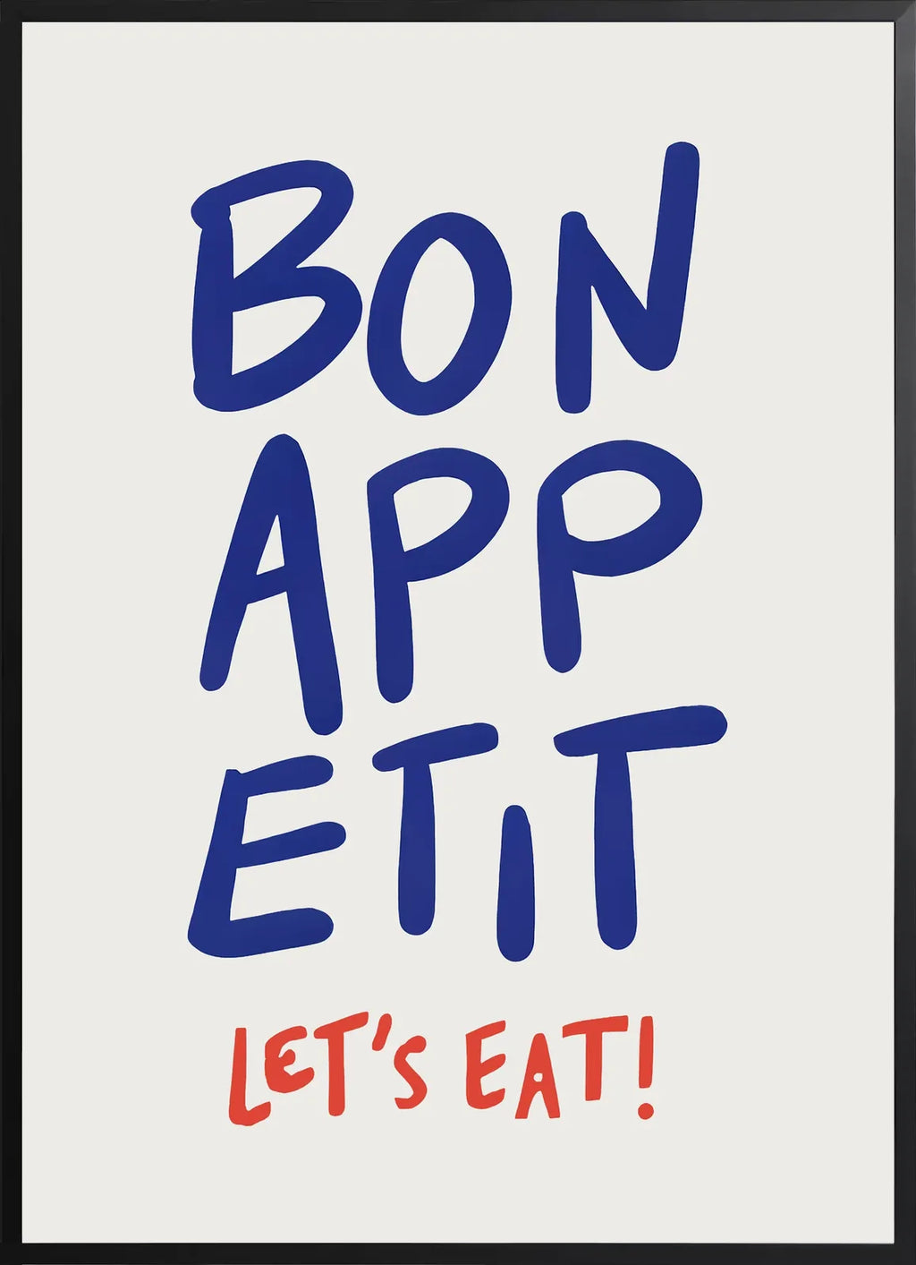 Encadrement noir mat autour de la typographie Bon Appetit bleu et rouge