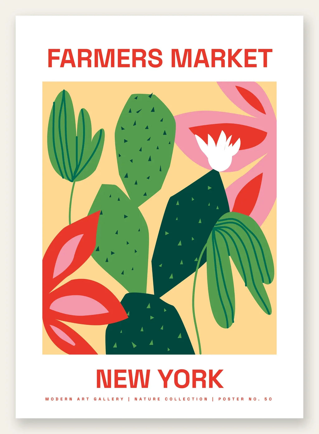 Affiche botanique cactus et feuilles rayees, Farmers Market New York fond jaune sable