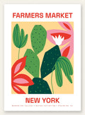 Affiche botanique cactus et feuilles rayees, Farmers Market New York fond jaune sable