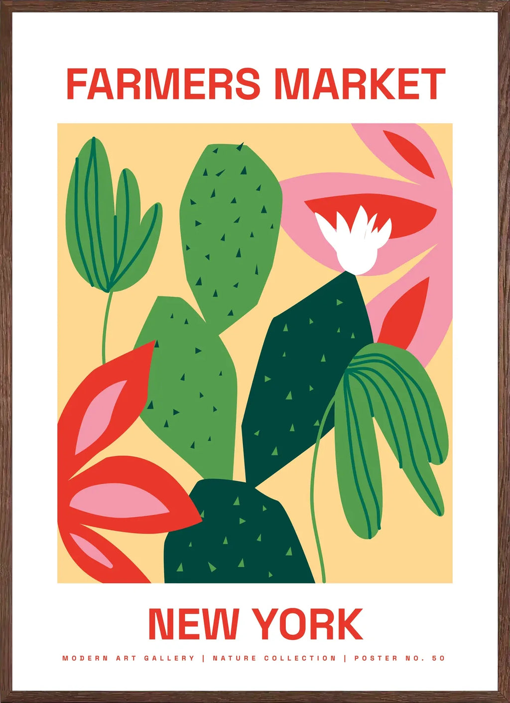 Cadre chene clair entourant l'affiche botanique cactus Farmers Market