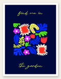 Affiche botanique fleurs folk, marguerites et feuilles sur fond bleu marine
