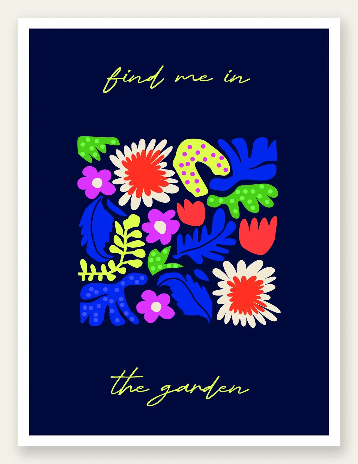 Affiche botanique fleurs folk, marguerites et feuilles sur fond bleu marine