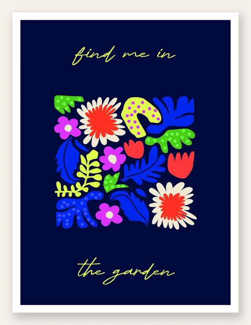 Affiche botanique fleurs folk, marguerites et feuilles sur fond bleu marine