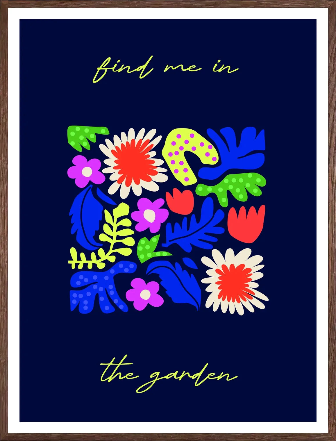 Cadre chene clair entourant l'affiche botanique fleurs folk find me in the garden