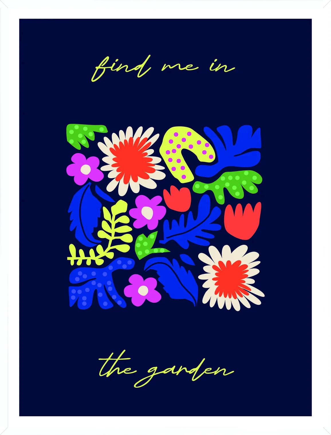 Cadre blanc epure presentant l'affiche botanique fleurs folk garden