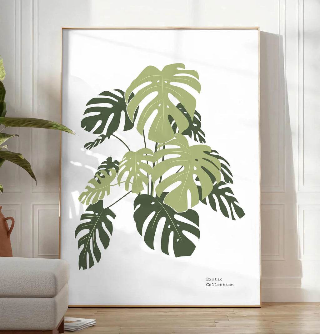 Reproduction affiche monstera botanique, posee au sol dans un salon minimaliste clair, a cote d'un canape beige et d'une plante verte, sur un parquet clair