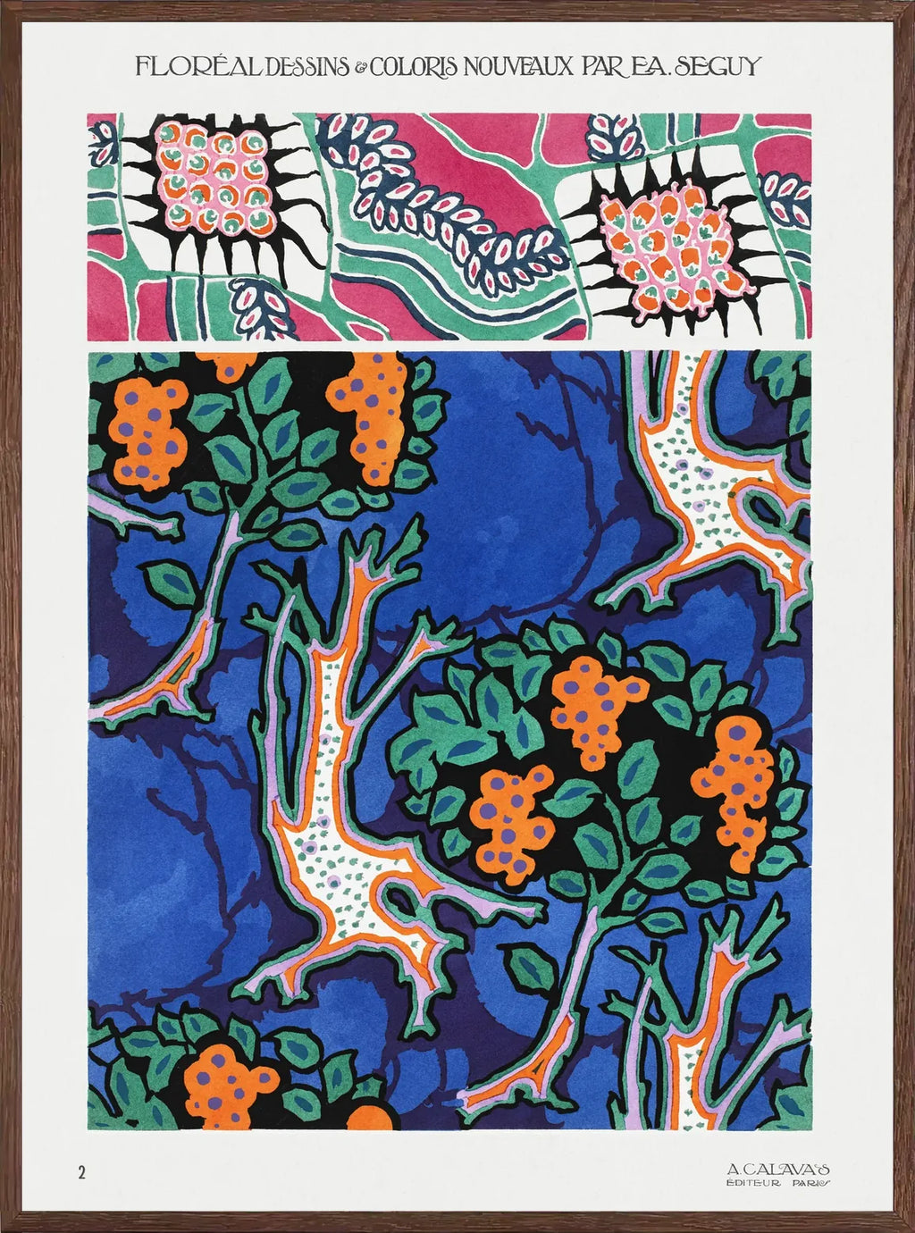Planche botanique en cadre chêne clair, finition mate, grappes de fruits stylisées et branches décoratives visibles