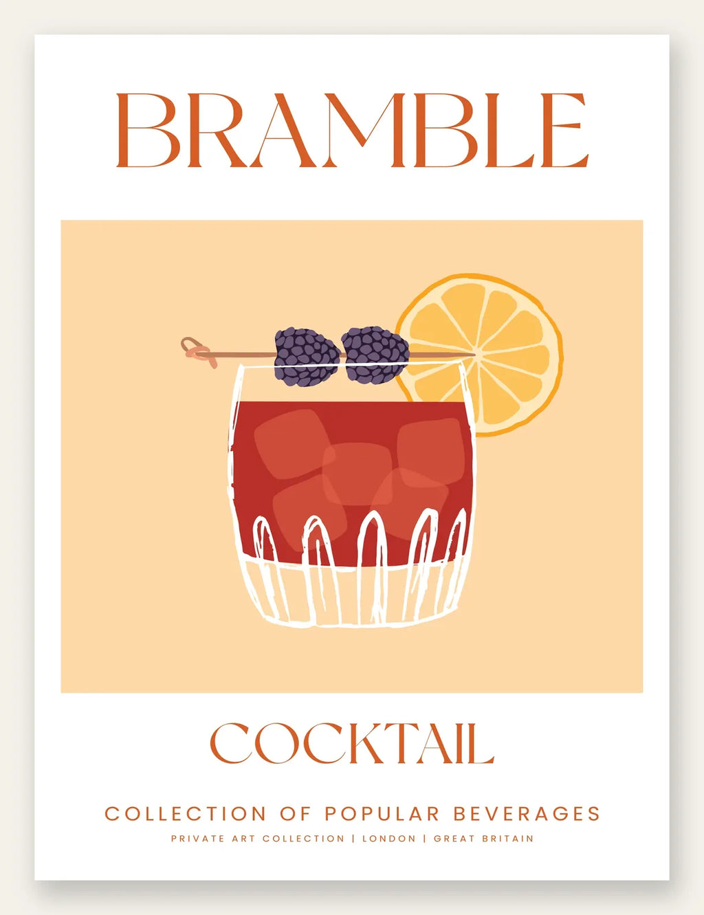 Affiche cocktail Bramble, verre rouge, mures et tranche d'orange sur fond creme