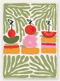 Affiche cuisine brochettes caprese, tomate et mozzarella sur feuillage vert sauge