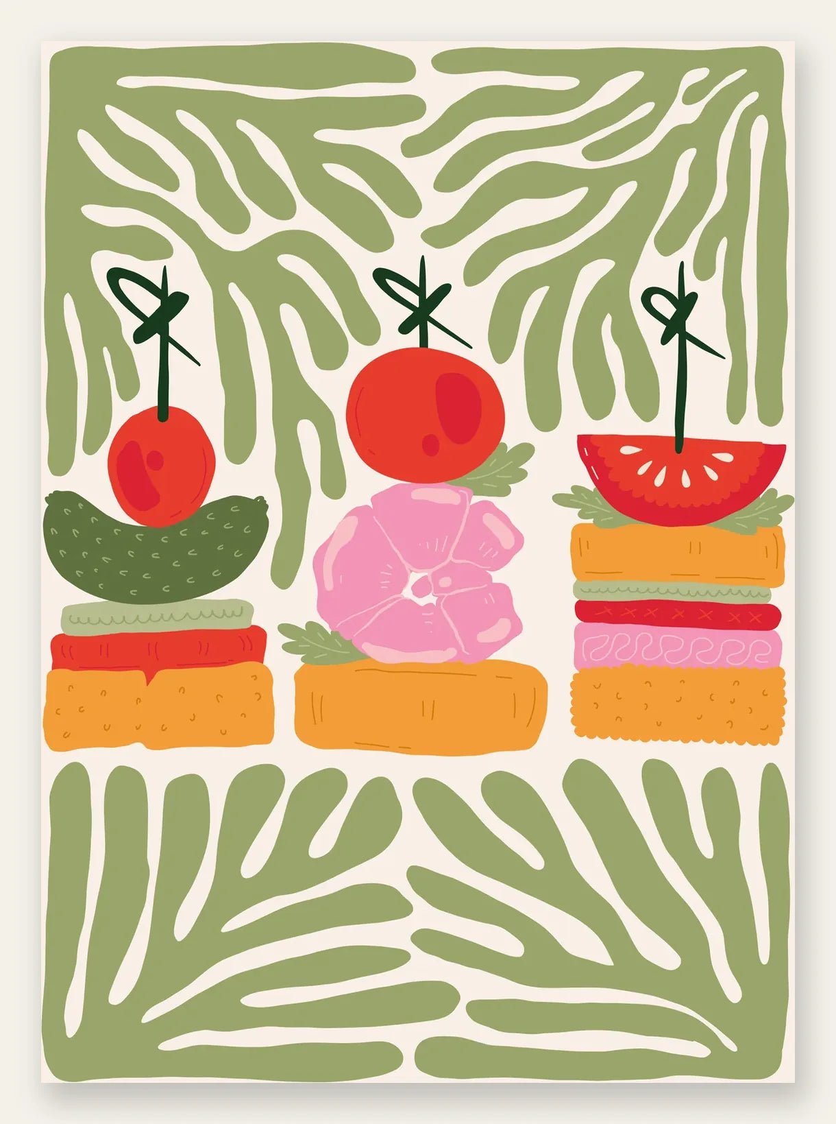 Affiche cuisine brochettes caprese, tomate et mozzarella sur feuillage vert sauge