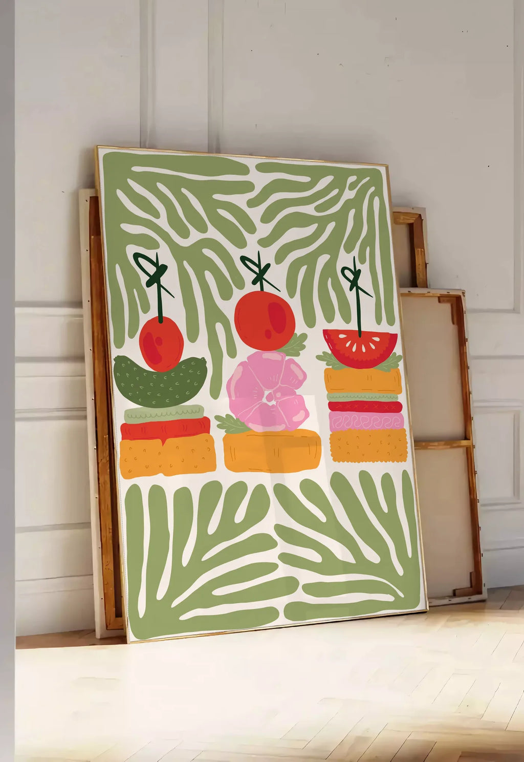 Tirage encadrable affiche cuisine brochettes caprese, posee au sol dans une entree lumineuse, contre un mur a panneaux blancs, a cote de chassis en bois empiles