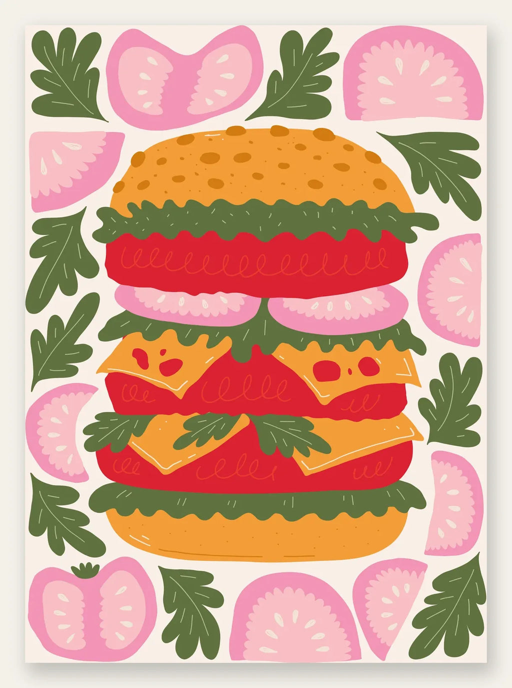 Affiche cuisine burger, burger garni et tranches de tomate rose sur fond creme