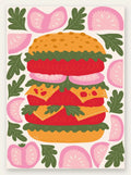 Affiche cuisine burger, burger garni et tranches de tomate rose sur fond creme