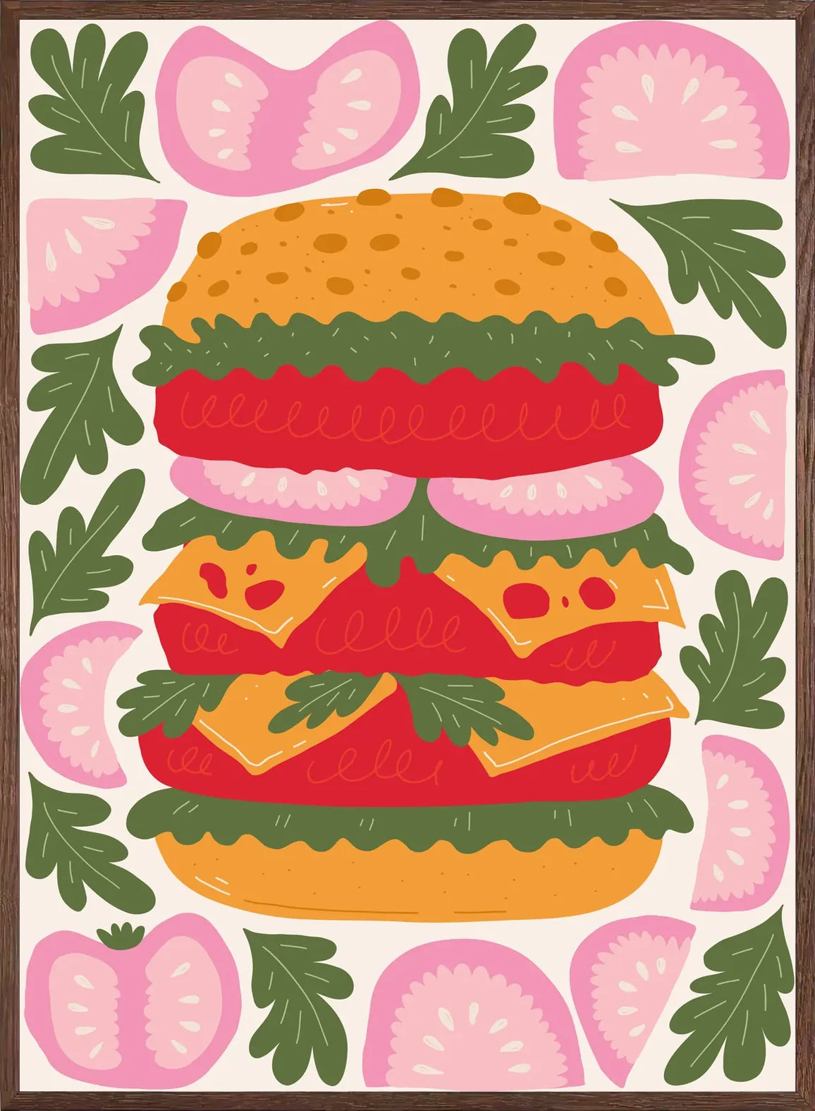 Cadre chene clair entourant l'affiche cuisine burger tomate illustration