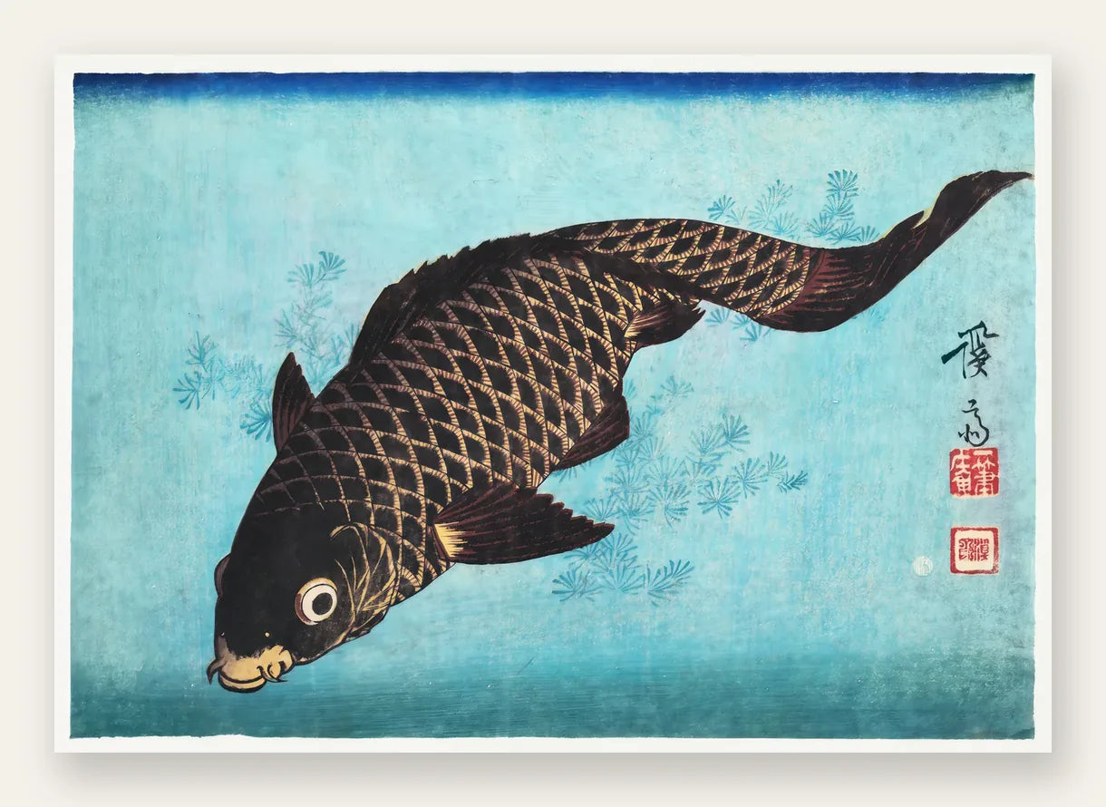 Affiche carpe noire sur fond bleu art japonais