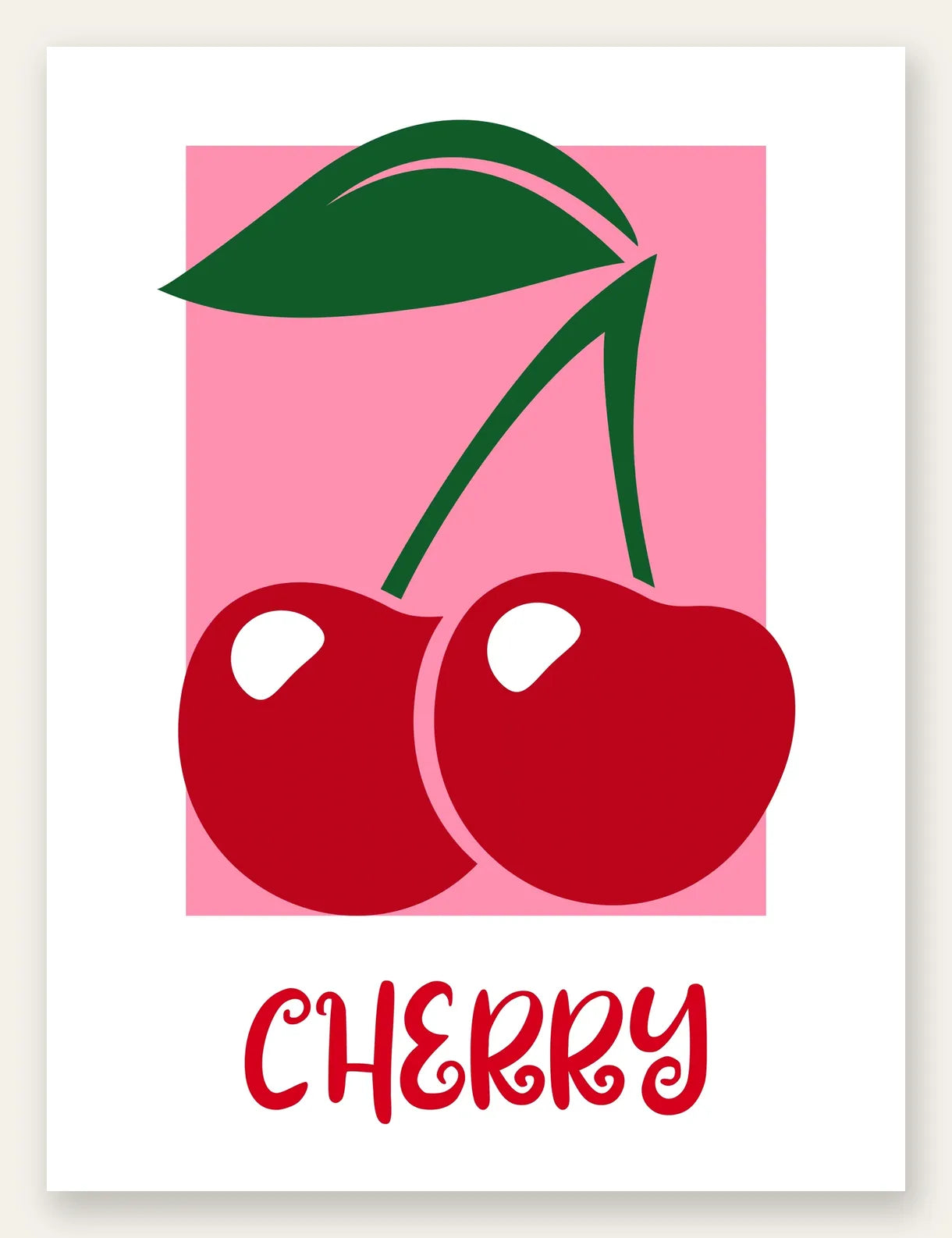 Affiche cuisine cerises cherry fruit rouges et feuille verte sur panneau rose