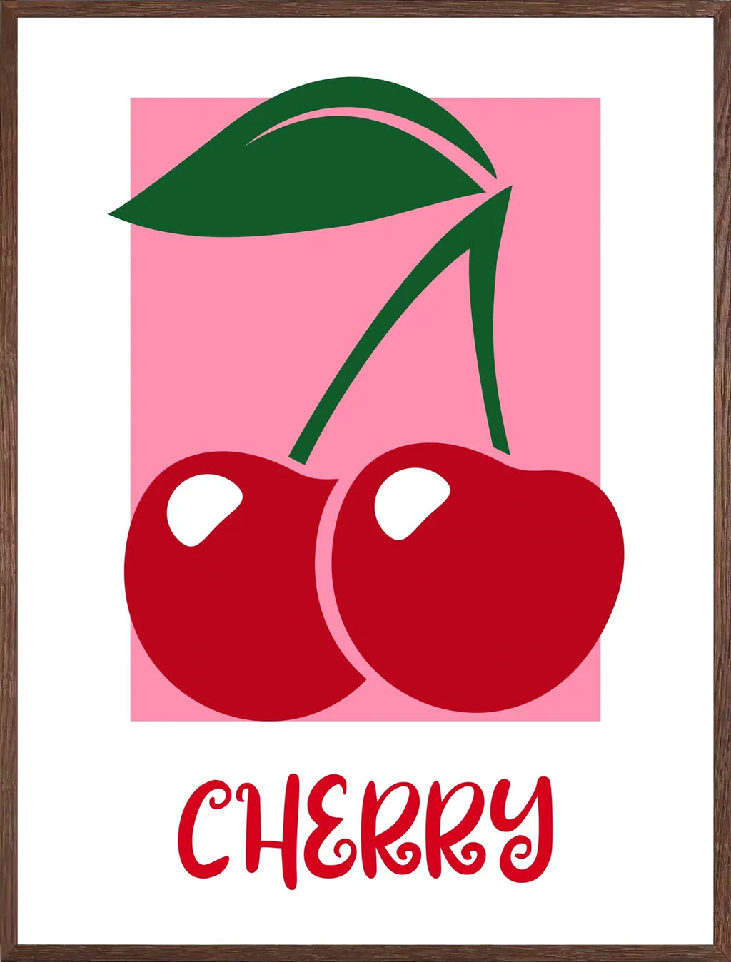 Cadre chene clair entourant l'affiche cuisine cerises rouges minimaliste