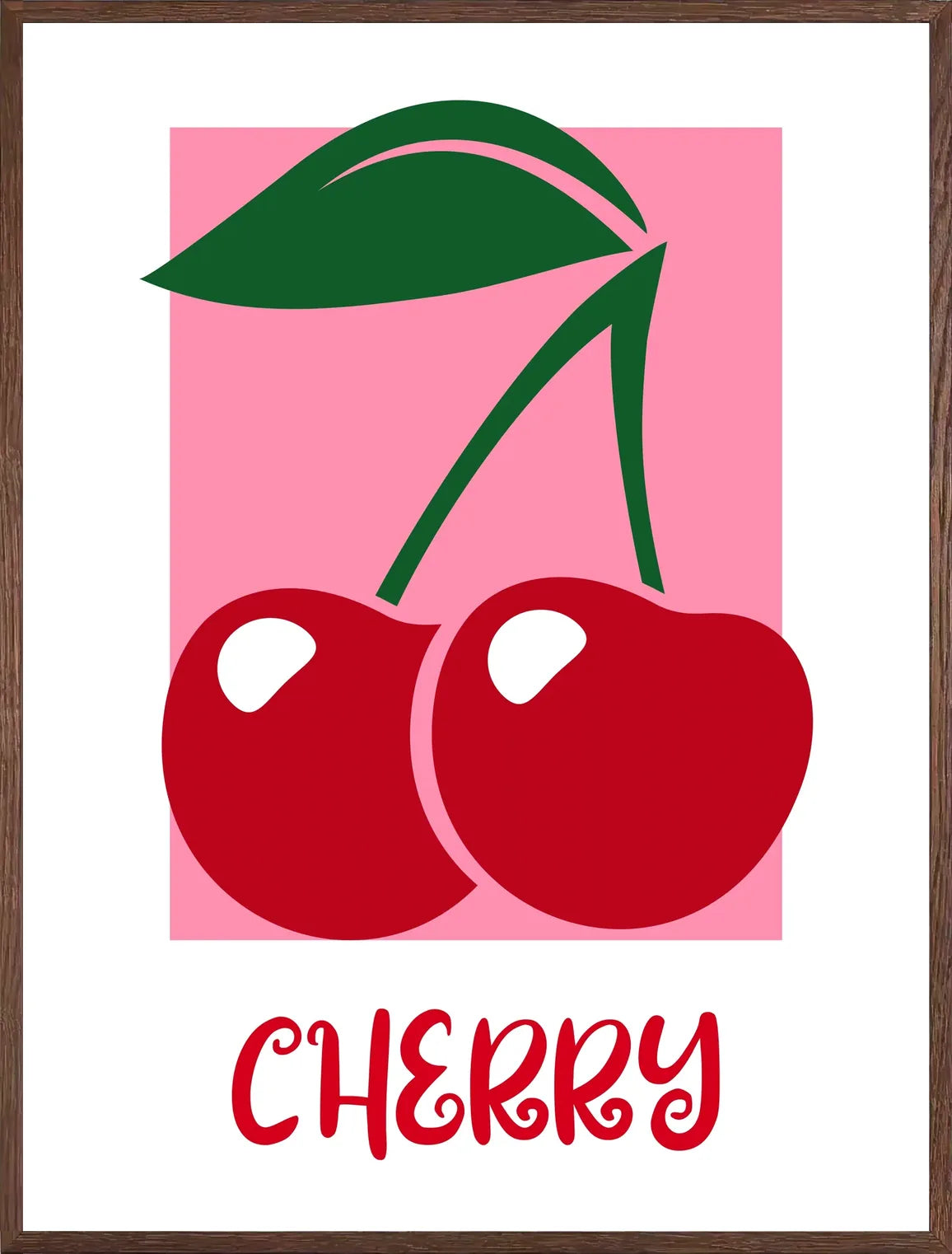 Cadre chene clair entourant l'affiche cuisine cerises rouges minimaliste