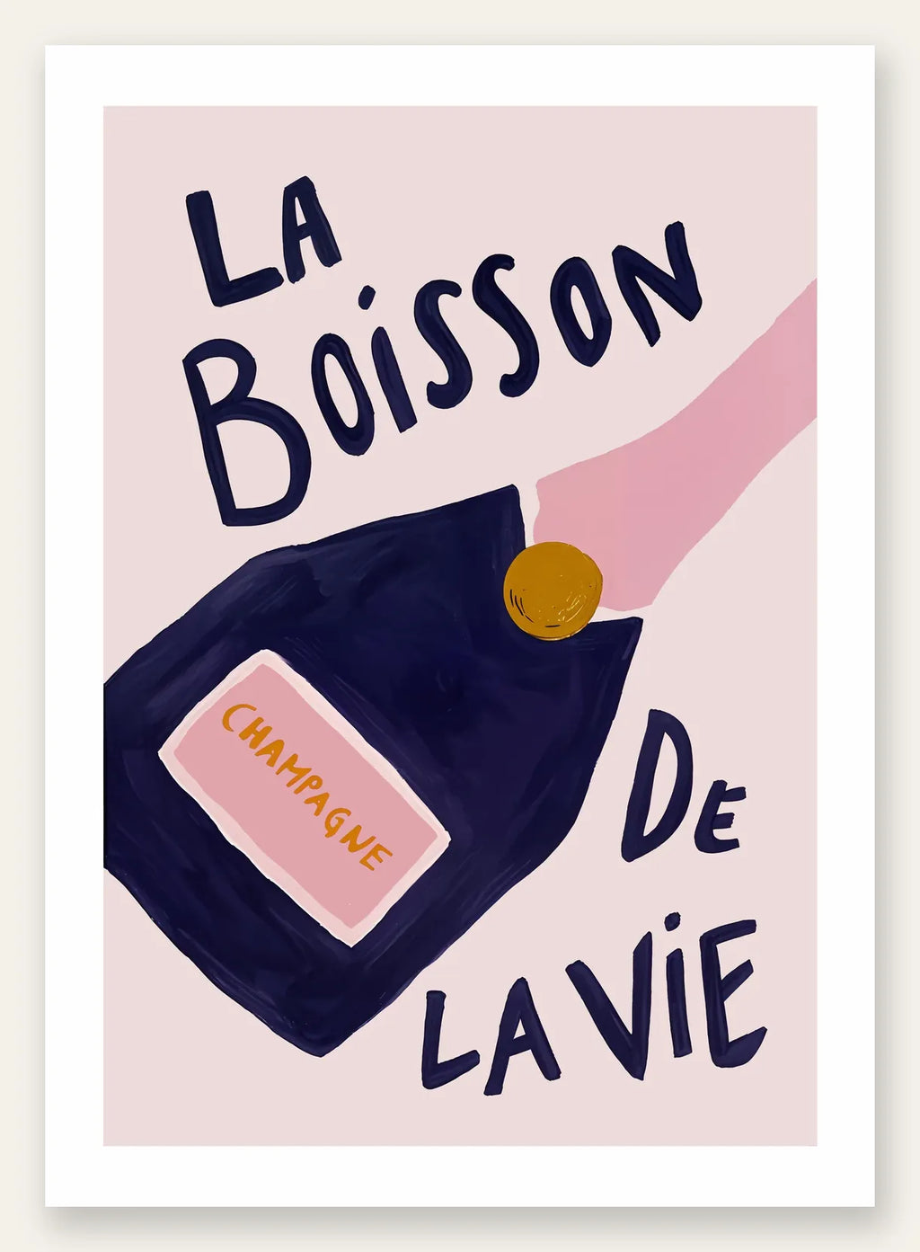 Affiche champagne La Boisson de la Vie, bouteille bleu nuit et main rose sur fond rose poudre