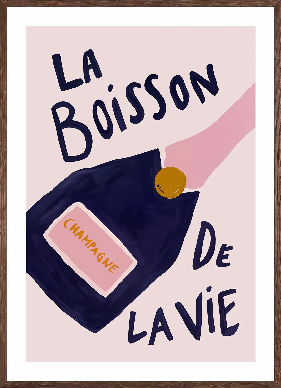 Cadre chene clair entourant l'affiche champagne la boisson de la vie