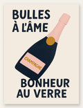 Affiche champagne Bulles a l'ame, bouteille bleu nuit et col rose sur fond creme