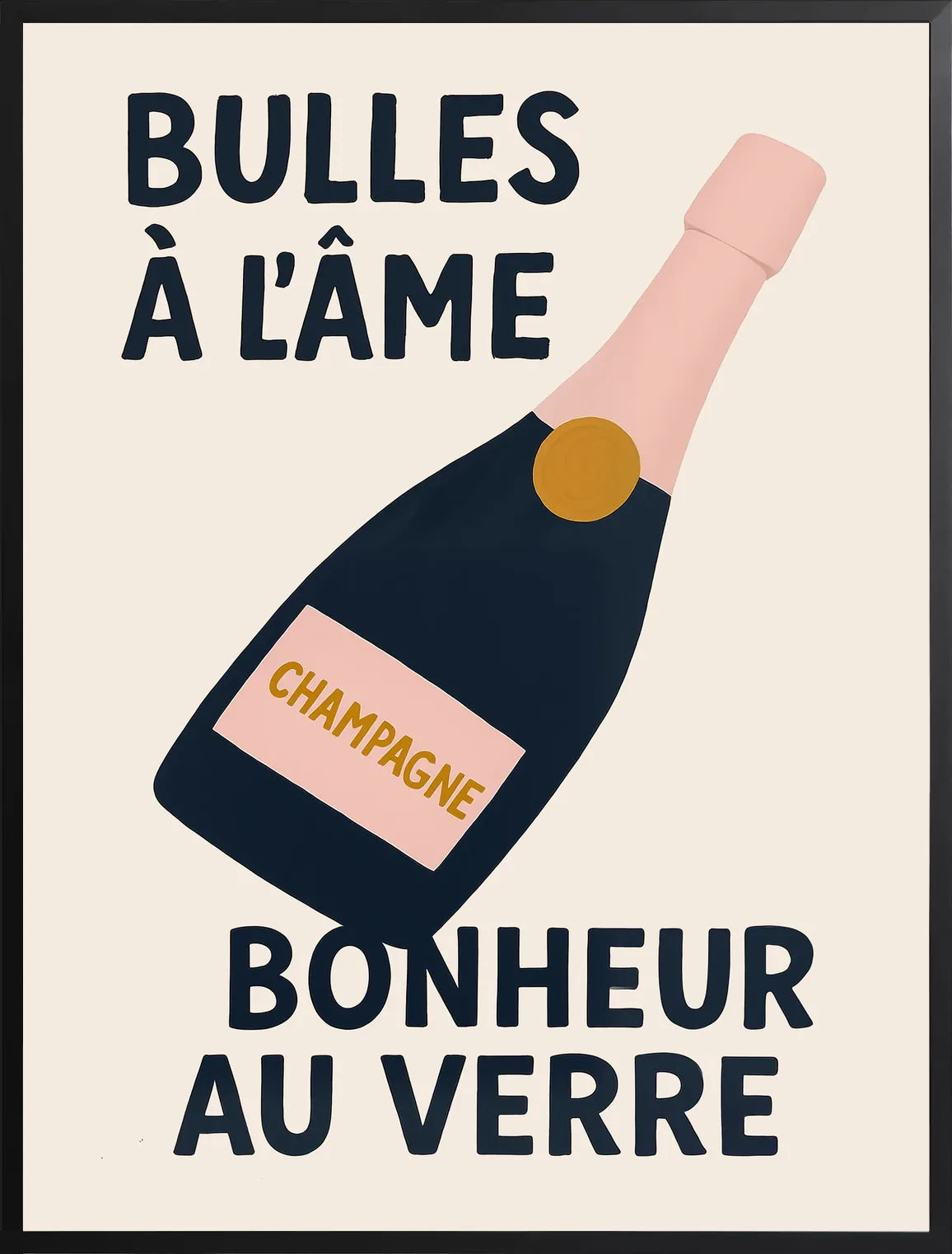 Encadrement noir mat autour de la bouteille de champagne minimaliste