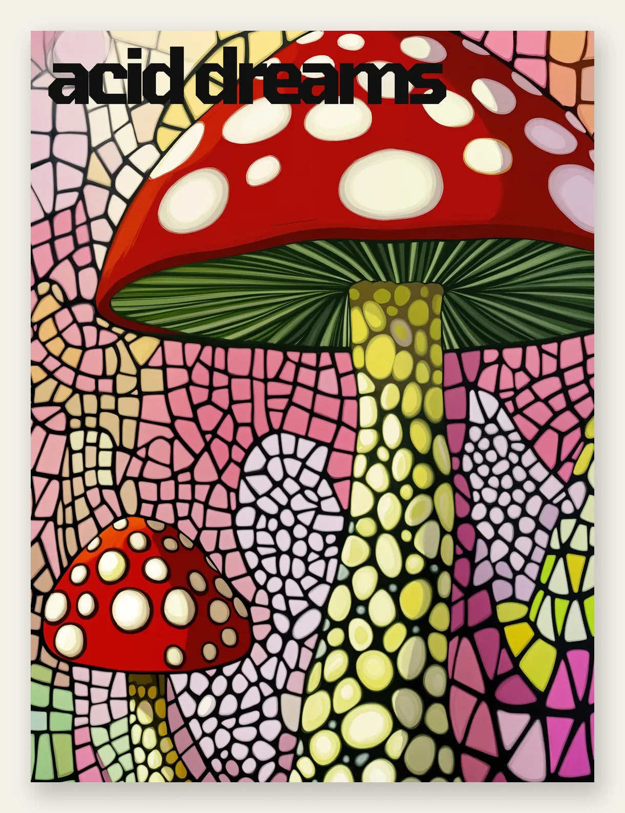 Affiche champignons rouges en vitrail art japonais
