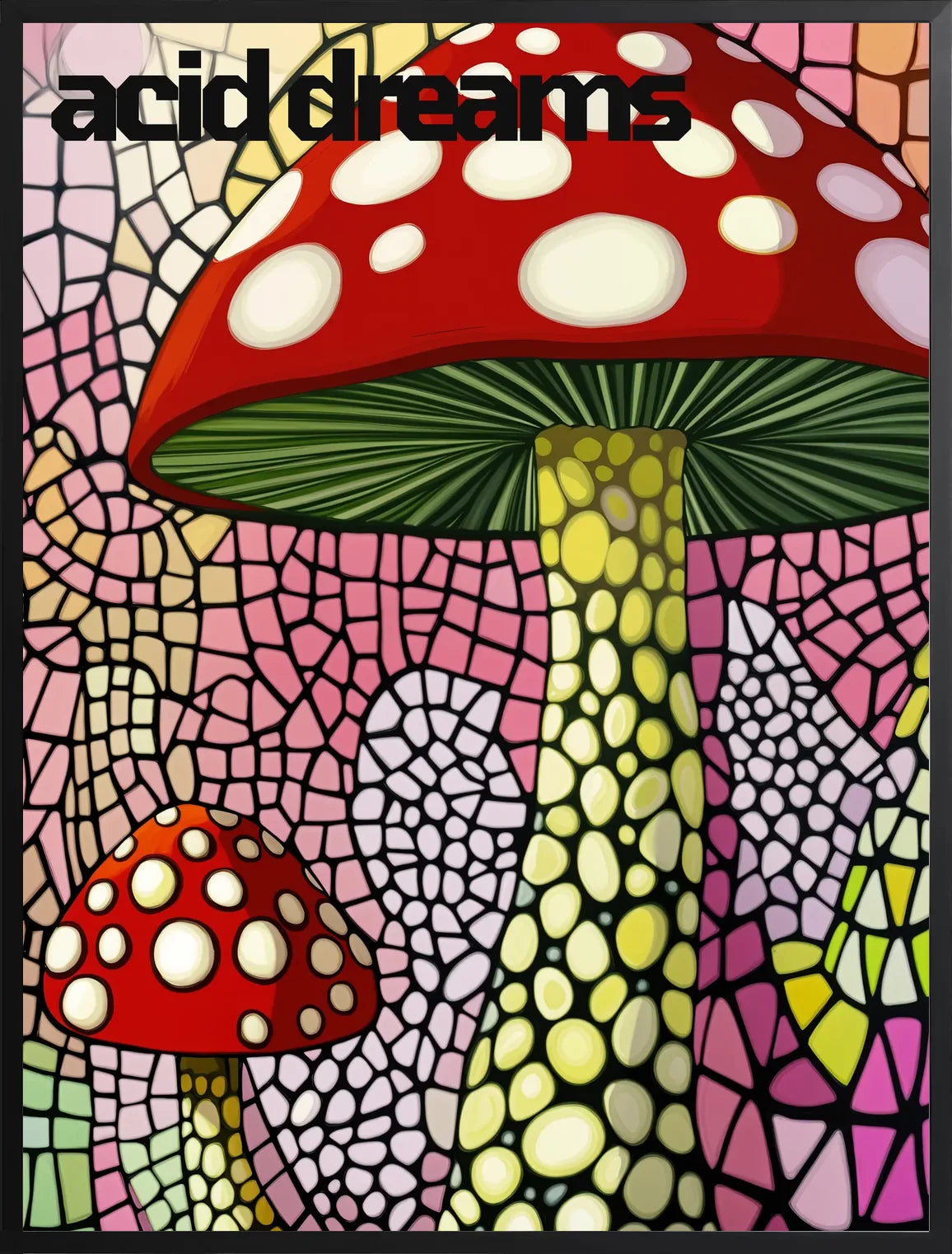 Encadrement noir mat autour de champignons rouges en vitrail