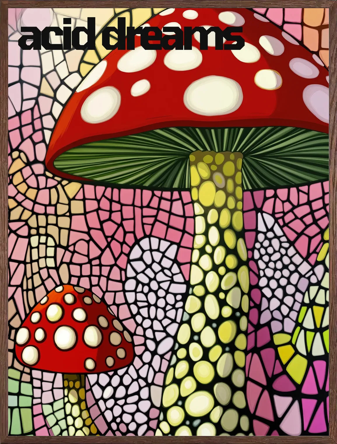 Cadre chene clair entourant l'affiche champignons rouges en vitrail
