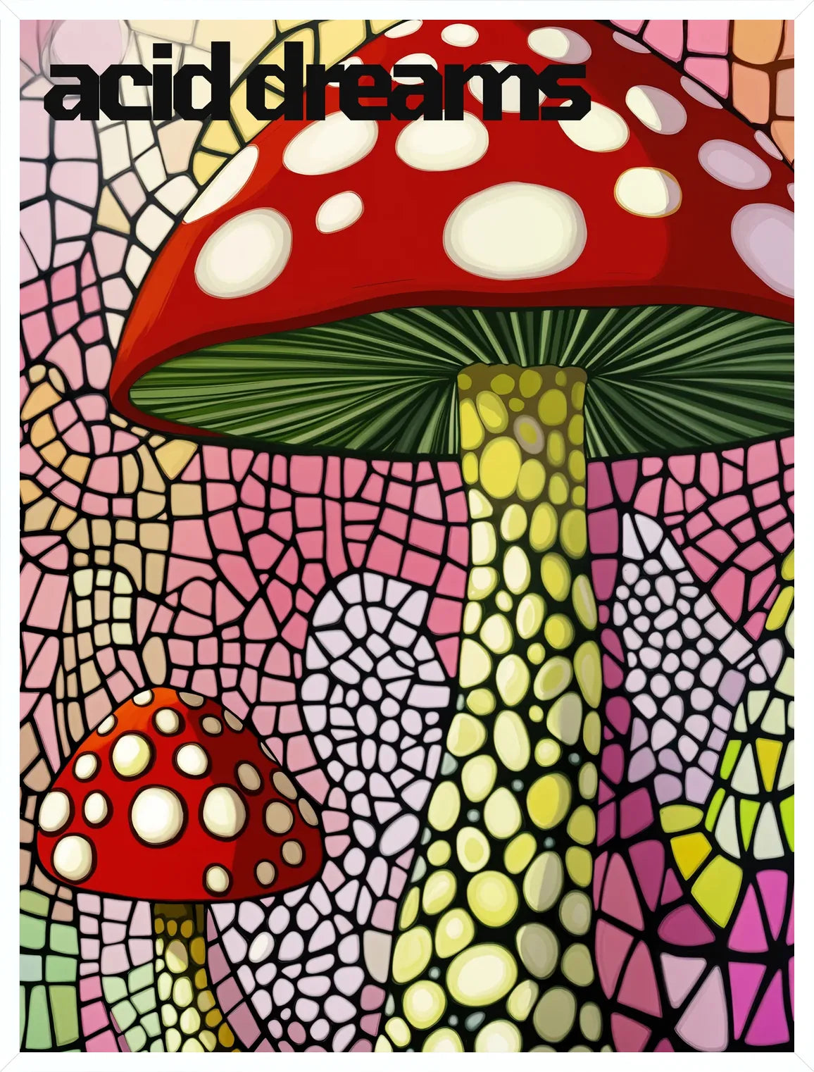 Cadre blanc epure presentant l'affiche champignons rouges en vitrail