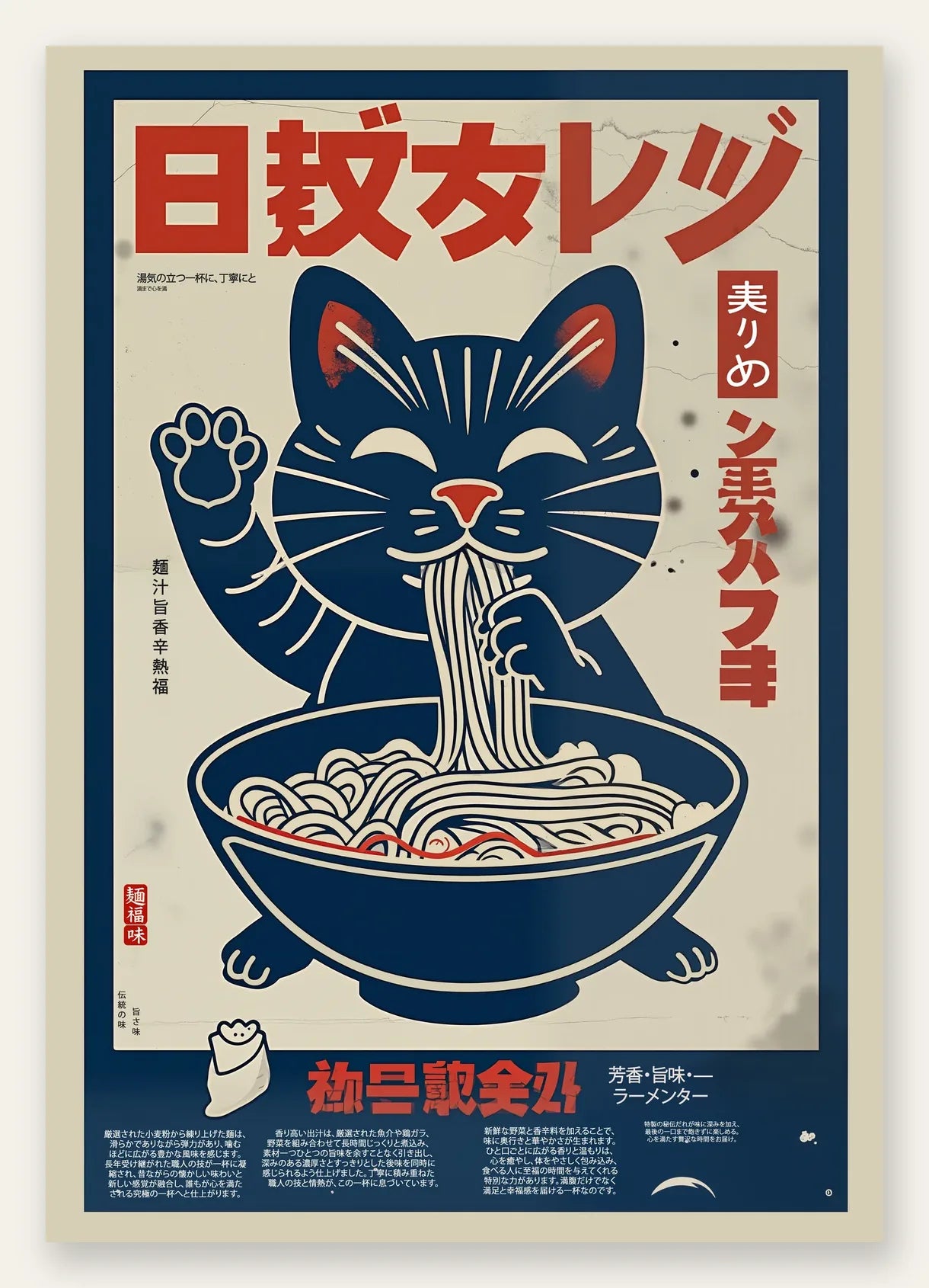 Affiche chat ramen retro, chat bleu marine aspirant des nouilles sur fond creme