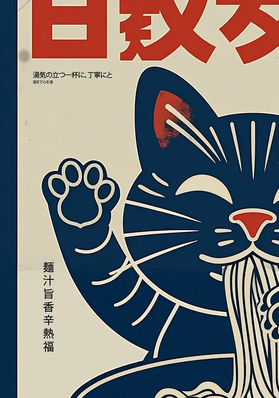Gros plan sur le chat bleu marine aspirant les nouilles de ramen