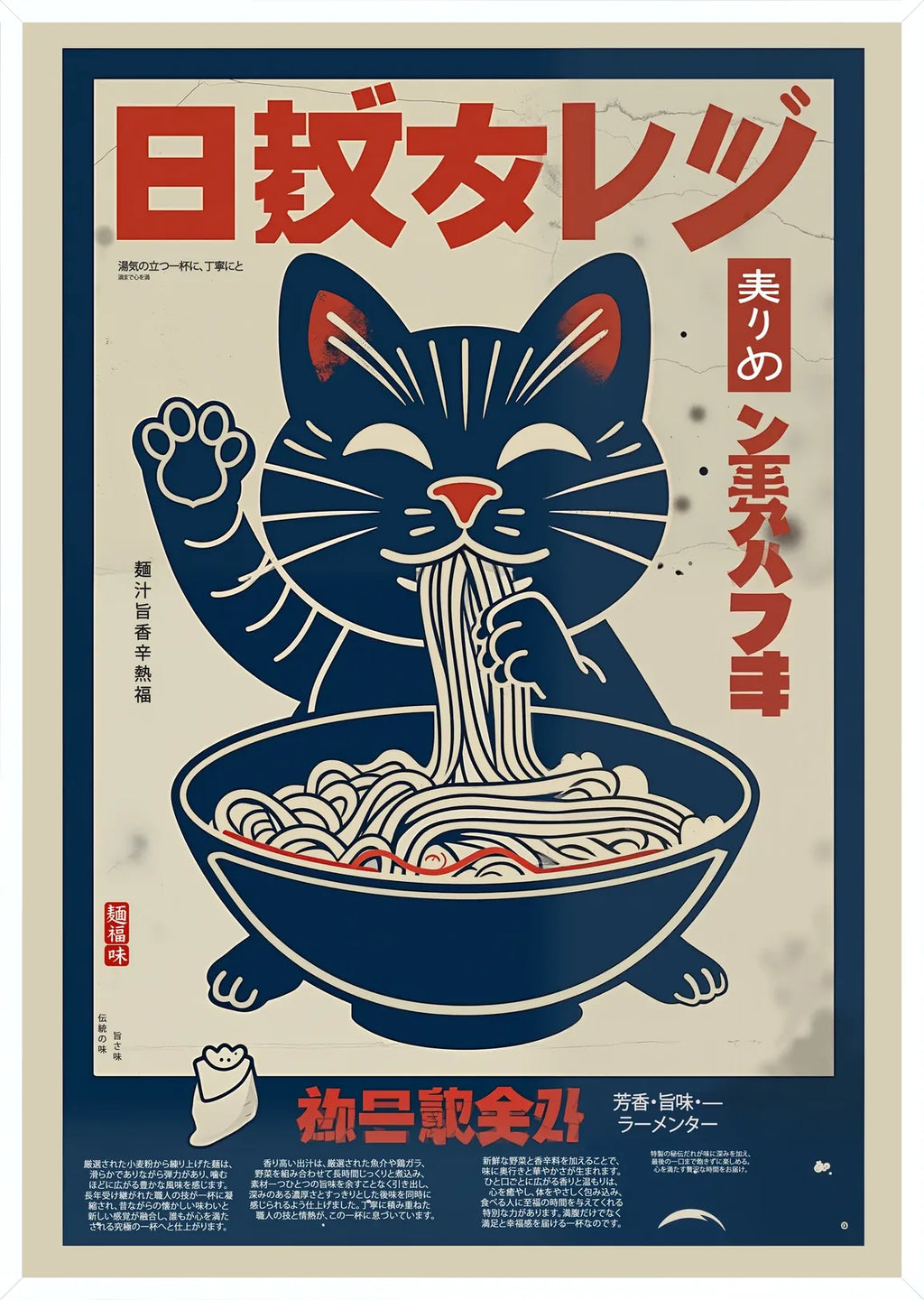 Cadre blanc epure presentant l'affiche chat ramen retro