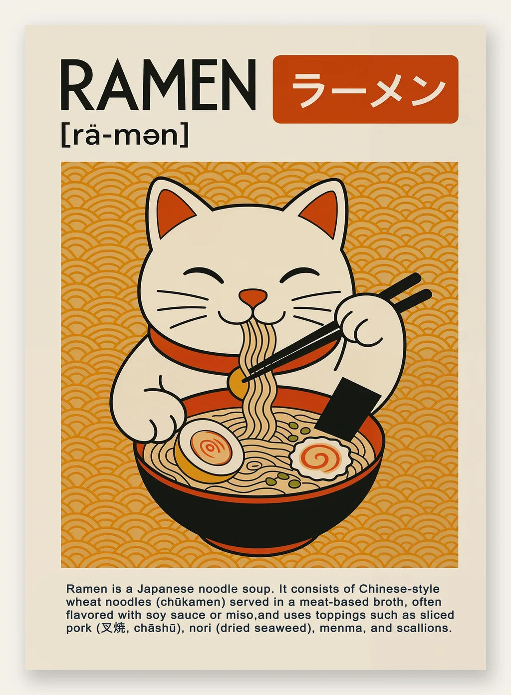 Affiche ramen chat blanc mangeant un bol fumant a la baguette, fond ocre seigaiha