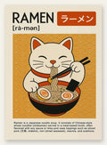 Affiche ramen chat blanc mangeant un bol fumant a la baguette, fond ocre seigaiha