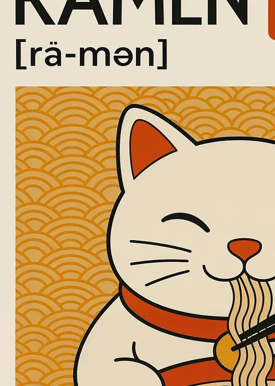 Gros plan sur le chat blanc et les baguettes plongees dans le ramen